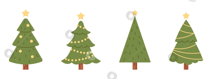 Скачать Векторный набор различных рождественских елок. Елки с гирляндами и шарами. Празднование Нового года и Рождества. фотосток Ozero