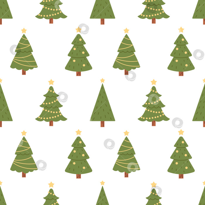 Скачать Векторный бесшовный узор с рождественскими елками. Ели с гирляндами и шарами на белом фоне. Дизайн новогодней и рождественской упаковки. фотосток Ozero