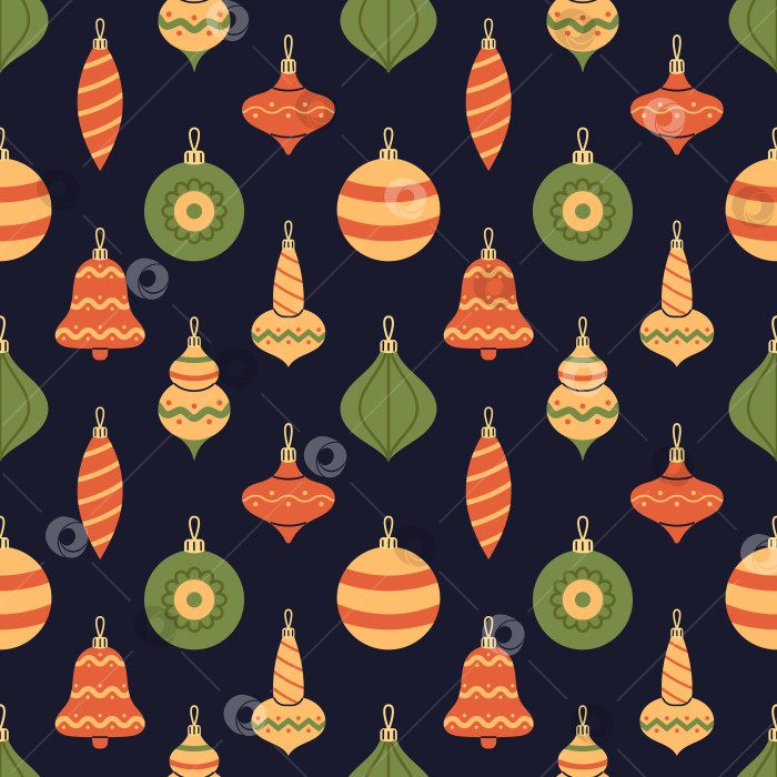 Скачать Векторный бесшовный узор с разноцветными пузырями и шарами для рождественской елки. Красные, зеленые и желтые рождественские украшения на темно-синем фоне. Дизайн упаковки, текстиля и обоев. фотосток Ozero