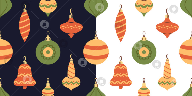 Скачать Векторный набор бесшовных узоров с разноцветными пузырями и шарами для рождественской елки. Красные, зеленые и желтые рождественские украшения на белом и темно-синем фоне. с Новым Годом. фотосток Ozero