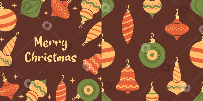 Скачать Векторная открытка с Рождеством или дизайн поздравительной открытки. Квадратная иллюстрация и бесшовный узор с рождественскими безделушками, украшениями и орнаментикой. Дизайн рождественских открыток. фотосток Ozero