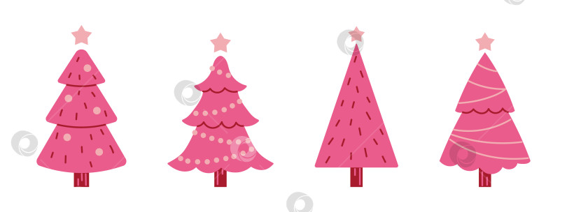 Скачать Векторный набор розовых рождественских елок y2k. Гламурные стильные елки с гирляндами и шарами. Празднование Нового года и Рождества. фотосток Ozero