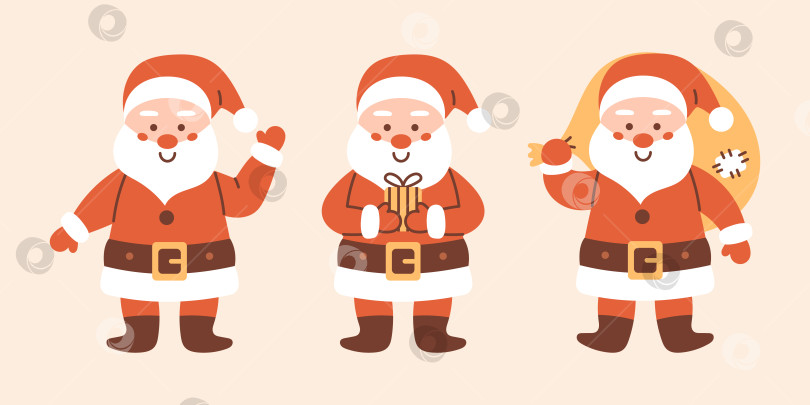 Скачать Векторный набор улыбающихся персонажей Санта-Клауса. Рождественская и новогодняя коллекция. Забавный мультяшный персонаж в красной шляпе. фотосток Ozero