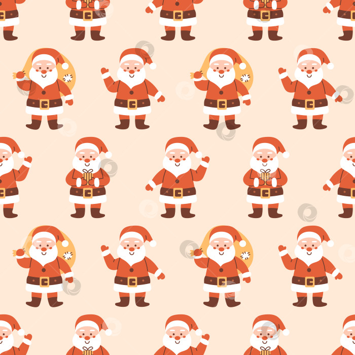 Скачать Векторный бесшовный узор с милыми улыбающимися персонажами Санта-Клауса. Фон Рождества и Нового года. Забавные мультяшные персонажи в красных шляпах. Дизайн упаковки с изображением Санта-Клауса. фотосток Ozero