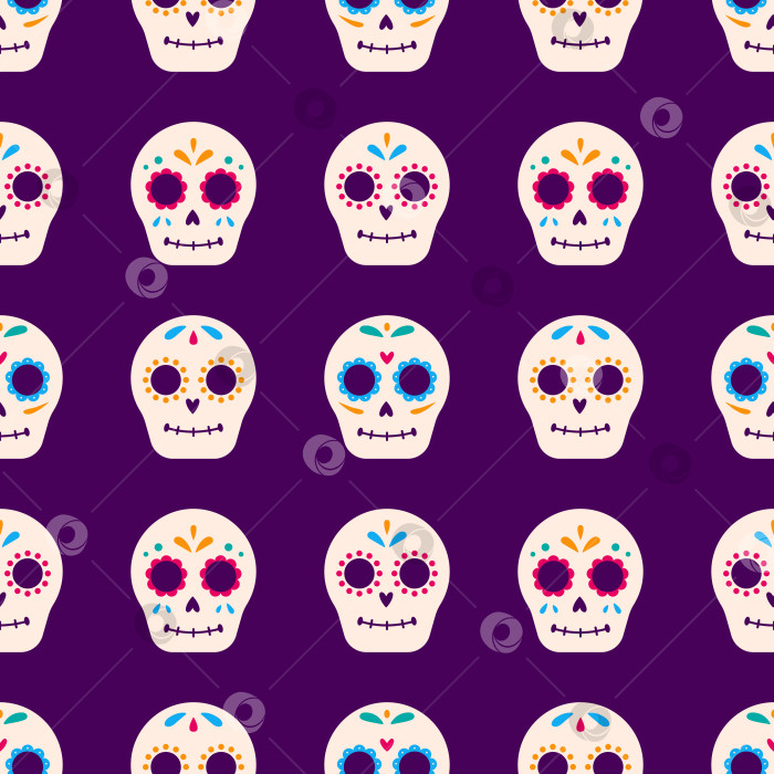 Скачать Векторный бесшовный узор Dia de muertos. Традиционные мексиканские сахарные черепа на фиолетовом фоне. Празднование дня мертвых. Дизайн упаковки. фотосток Ozero