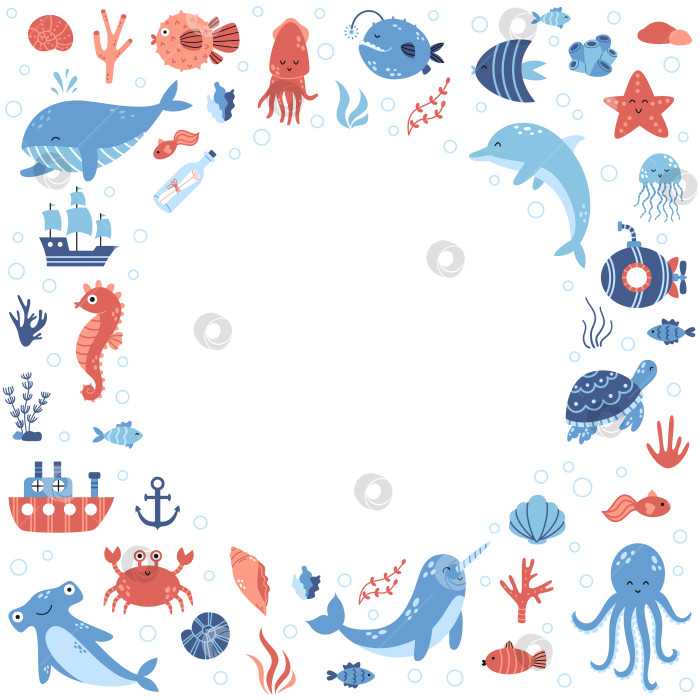 Скачать Векторная круглая рамка с морскими животными и лодками в плоском дизайне. фотосток Ozero