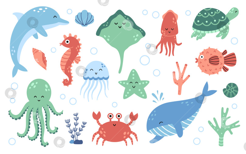 Скачать Векторный набор морских животных в зеленом, синем и красном цветах. Клипарты с морскими обитателями. фотосток Ozero