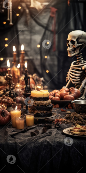 Скачать мистическая вечеринка в стиле Хэллоуина, украшение стола. Генеративный искусственный интеллект фотосток Ozero