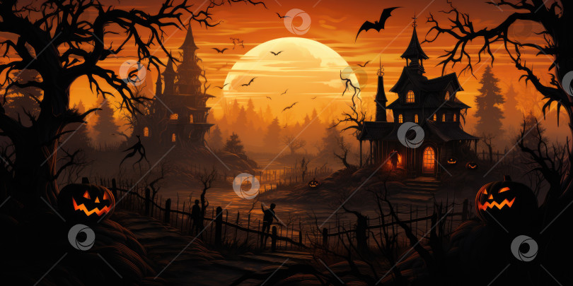 Скачать Таинственный и мистический замок, панорама на Хэллоуин. Генеративный искусственный интеллект фотосток Ozero