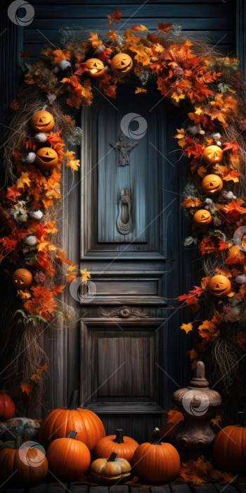 Скачать Чудесная дверь, украшенная тыквами на Хэллоуин. Генеративный искусственный интеллект фотосток Ozero