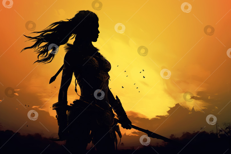 Скачать Силуэт женщины-воина-варвара с копьем на фоне желтого неба, иллюстрация Амазонки фотосток Ozero