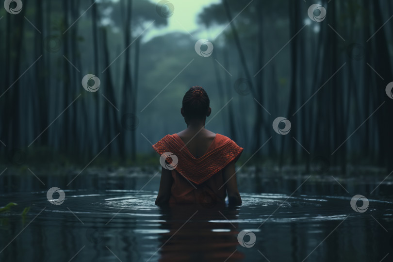Скачать Вид сзади на одинокую афроамериканку в платье, сидящую в воде дикого озера в лесу, на открытом воздухе фотосток Ozero