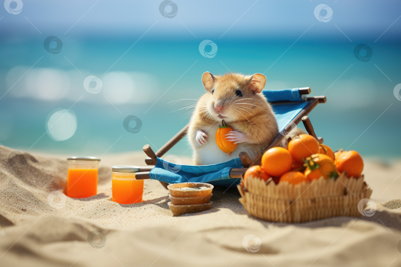 Скачать Толстый забавный хомячок отдыхает на пляже, домашнее животное на шезлонге у моря. Каникулы для животных фотосток Ozero
