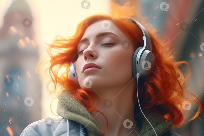Скачать Беззаботно расслабляющаяся молодая женщина с закрытыми глазами в наушниках слушает музыку на открытом воздухе, наслаждаясь мелодией. Музыкальная терапия фотосток Ozero