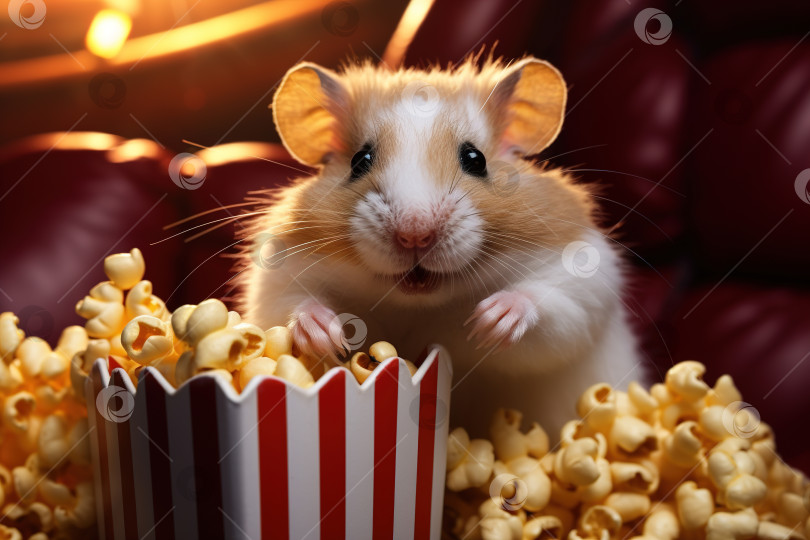 Скачать Толстый пушистый домашний хомячок в кинотеатре с попкорном фотосток Ozero