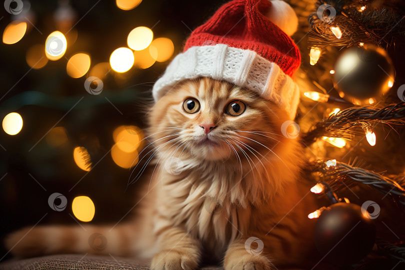 Скачать Рождественский милый кот в красной шапочке, лежащий возле рождественской елки, украшенной гирляндами, забавный рыжий питомец на рождественском празднике фотосток Ozero