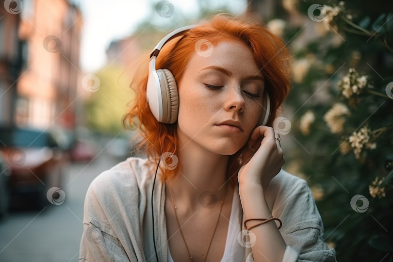 Скачать Музыкальная терапия, рыжеволосая женщина-подросток с веснушками слушает музыку в наушниках, наслаждаясь звуком и спокойствием с закрытыми глазами на открытом воздухе фотосток Ozero