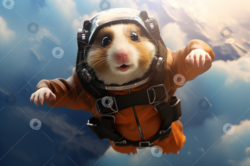 Скачать Забавный хомячок-парашютист, милый пушистый питомец с парашютом, летающий в небе по воздуху и смотрящий в камеру фотосток Ozero