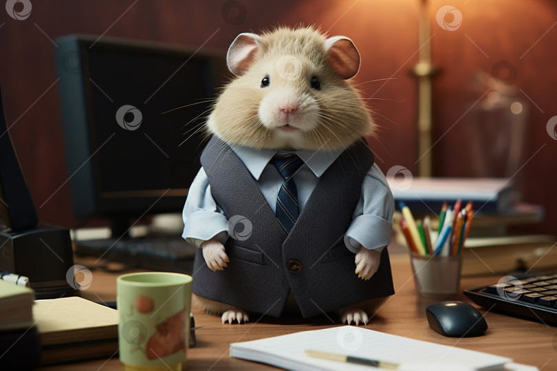 Скачать Забавный деловой хомячок в костюме на столе в офисе, милый толстый пушистый домашний работник фотосток Ozero