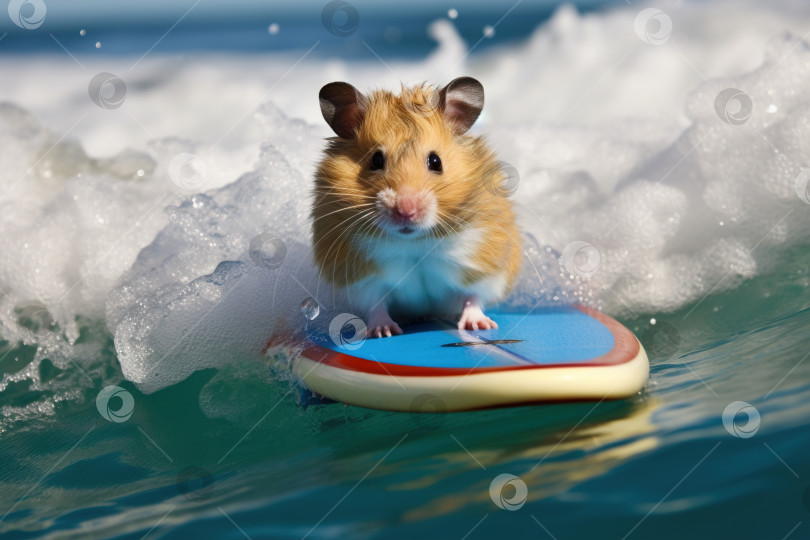 Скачать Забавный хомячок-серфер на волне, домашнее животное катается на доске по воде фотосток Ozero