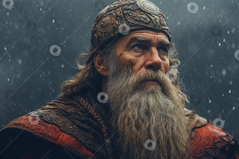Скачать Средневековый северный король, старый варвар на улице в снежный день, смотрит вдаль фотосток Ozero