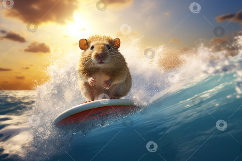 Скачать Домашнее животное катается на доске по воде в море, забавный хомячок-серфер на волне на открытом воздухе фотосток Ozero