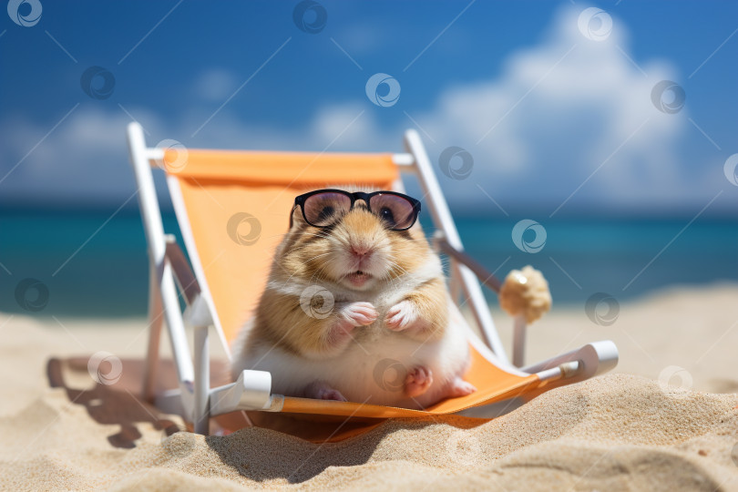 Скачать Толстый забавный хомячок в солнцезащитных очках отдыхает на пляже у моря. Каникулы для животных фотосток Ozero