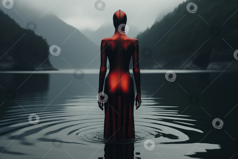 Скачать Неузнаваемая стройная женщина в красном платье, стоящая в горном озере, вид сзади фотосток Ozero