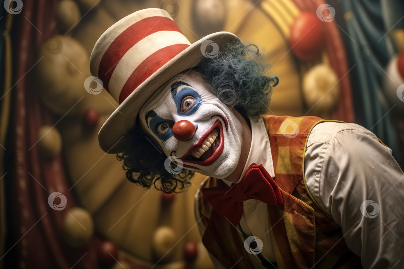 Скачать Сумасшедший смеющийся клоун в шляпе в цирке, выглядывающий жуткий взрослый злой улыбающийся мужчина в костюме шута, смотрящий в камеру фотосток Ozero
