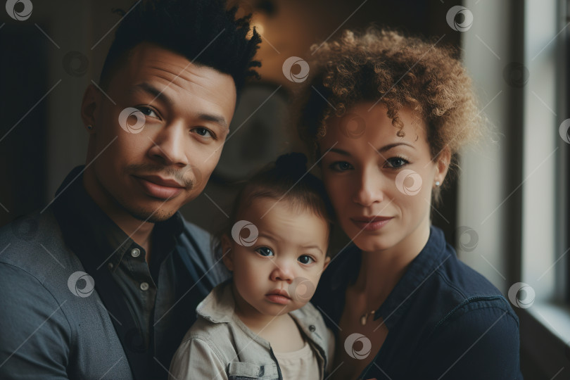 Скачать Красивая стильная многорасовая семья, портрет в помещении. Мама, папа и дочь смотрят в камеру фотосток Ozero
