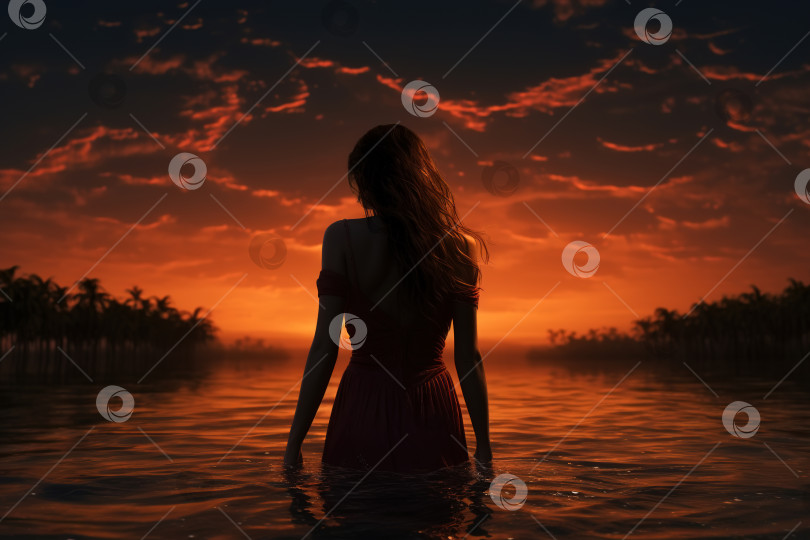 Скачать Меланхолия, вид сзади на женщину в красном платье, стоящую в воде на закате, настроение грусти и одиночества фотосток Ozero