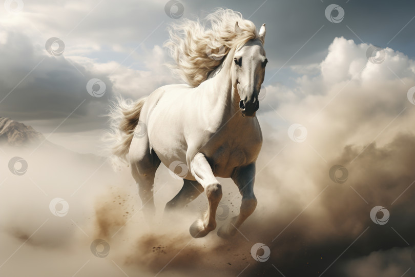 Скачать Вид спереди: белая грациозная красивая лошадь скачет галопом, пыль, горы и небо. Изображение иллюстрации к животному фотосток Ozero