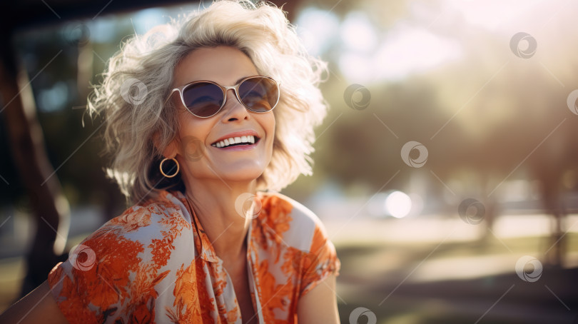 Скачать Счастливая стильная пожилая женщина в солнцезащитных очках, смеющаяся в солнечный день на открытом воздухе, зрелая позитивная женщина с короткой седой стрижкой, ищущая образ жизни фотосток Ozero