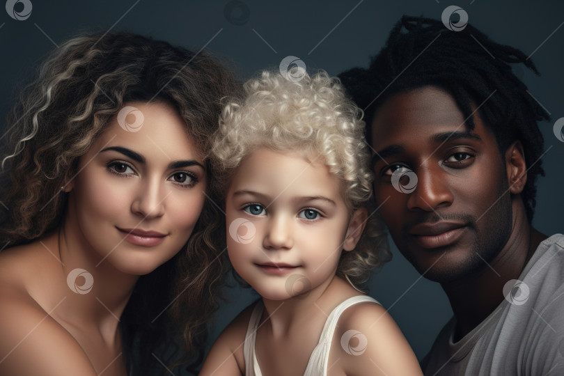 Скачать Симпатичная межрасовая семья, портрет многонациональных родителей, афроамериканский папа и белая мама с маленькой дочерью, смотрящие в камеру, в помещении фотосток Ozero