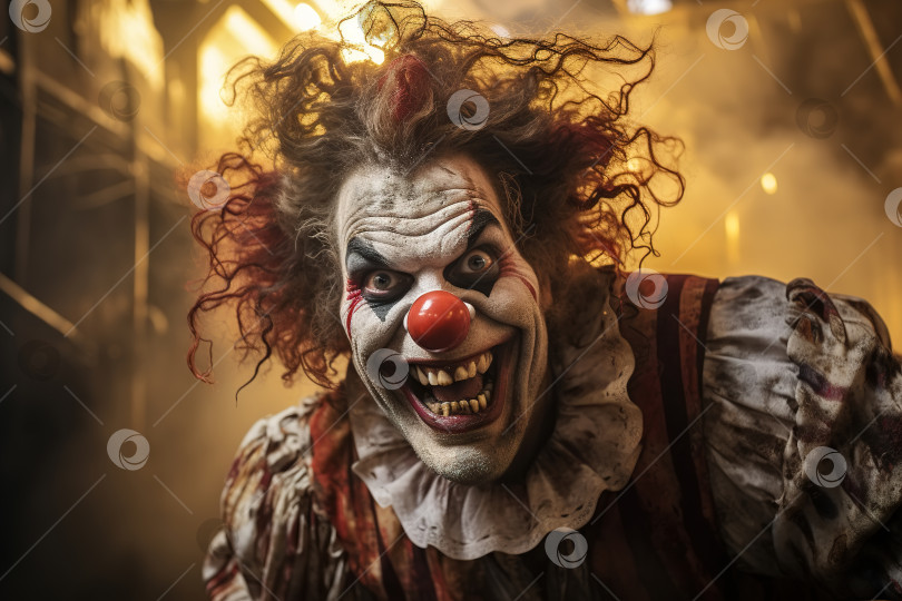 Скачать Безумно смеющийся грязный злой клоун с гнилыми зубами, страшный жуткий художник-мужчина с гримом, смотрящий в камеру фотосток Ozero