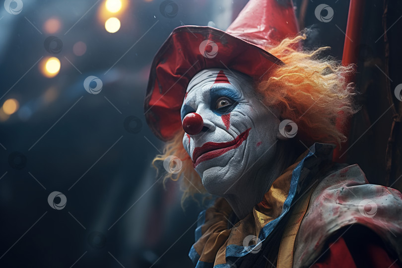 Скачать Грустный разочарованный клоун, несчастный взрослый мужчина-шут в праздничном костюме и гриме, с надеждой смотрящий вверх фотосток Ozero