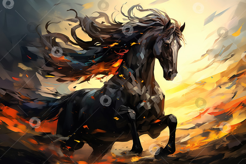 Скачать Иллюстрация красивого черного животного, грациозной лошади, скачущей галопом в динамике, холст фотосток Ozero