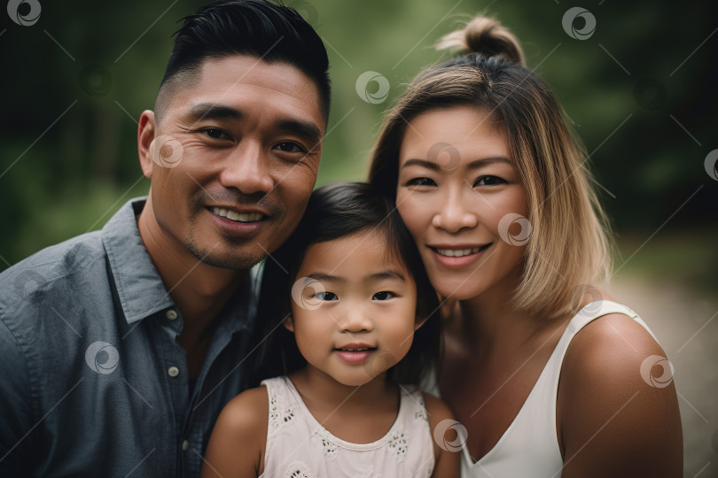 Скачать Счастливая азиатская семья, папа и мама с дочерью на открытом воздухе фотосток Ozero