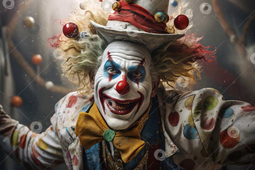 Скачать Страшный толстый клоун с гнилыми зубами, странный жуткий мужчина в костюме шута и гриме в цирке смотрит в камеру фотосток Ozero