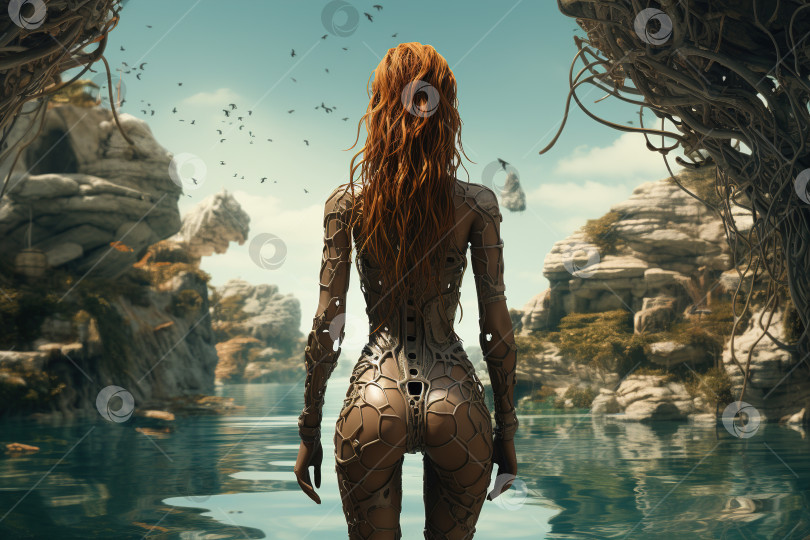 Скачать Сексуальная сказочная стройная женщина в футуристическом купальнике, стоящая в воде в неземном месте, вид сзади фотосток Ozero