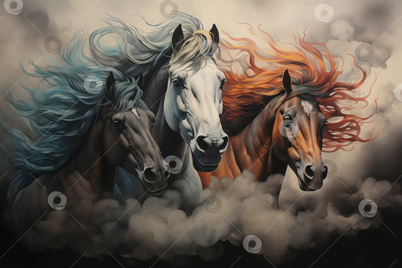 Скачать Фантастическая иллюстрация головы трех лошадей в облаках фотосток Ozero