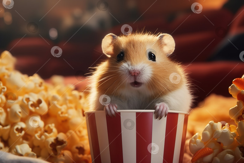 Скачать Хомячок в кинотеатре с попкорном, забавный пушистый питомец с едой смотрит кино фотосток Ozero