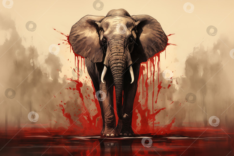 Скачать Иллюстрация проблемы истребления животных, концепция охоты, браконьерства. Слон с бивнями в луже крови фотосток Ozero