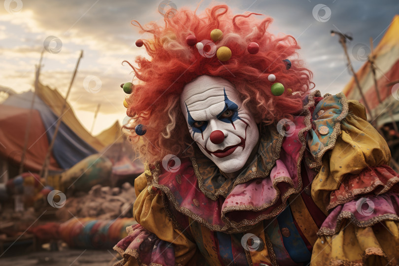Скачать Грустный жуткий клоун в развалинах цирка, несчастный взрослый мужчина-шут в грязном праздничном костюме и гриме, с надеждой смотрящий в камеру фотосток Ozero