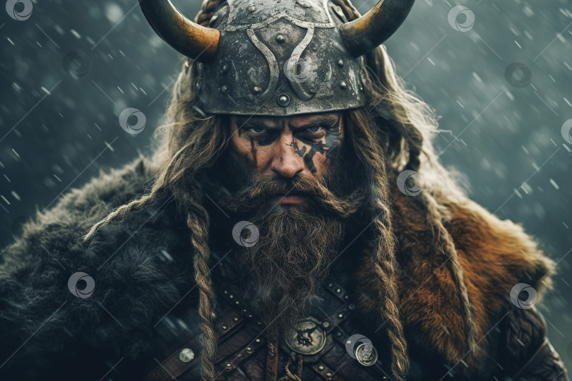 Скачать Портрет сурового викинга с боевой раскраской на лице на открытом воздухе в снежный день. Средневековый воин-варвар в меховых доспехах и рогатом шлеме смотрит в камеру фотосток Ozero