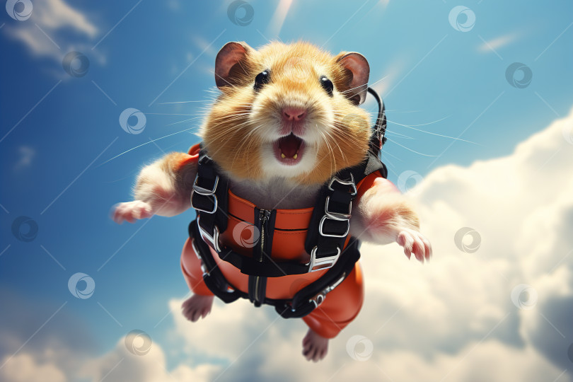 Скачать Кричащий забавный хомячок-парашютист в небе, милый пушистый питомец с парашютом, летящий в воздухе. Юмористическая иллюстрация к животным фотосток Ozero