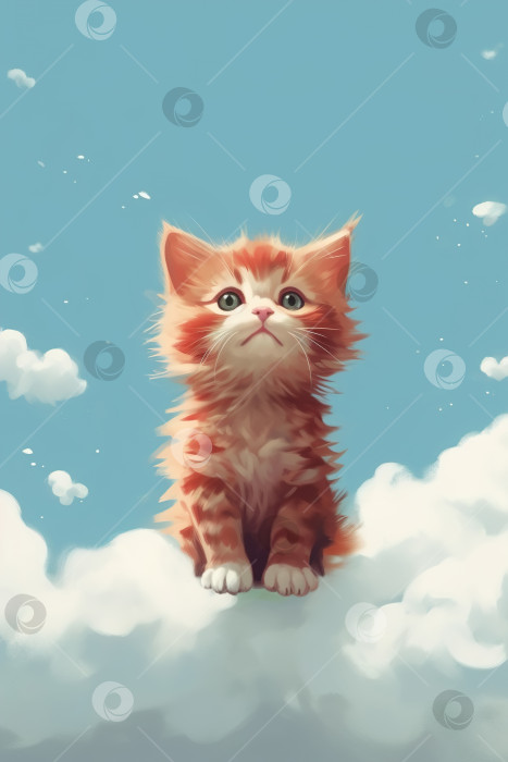 Скачать Рыжий забавный котенок сидит на облаках и смотрит вверх. Иллюстрация маленького пушистого кота фотосток Ozero