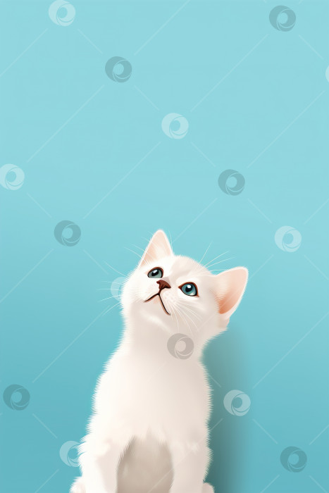Скачать Милый пушистый белый котенок на синем фоне смотрит вверх, с пробелом для копирования. Иллюстрация животного с изображением домашнего животного, вертикальный угол фотосток Ozero