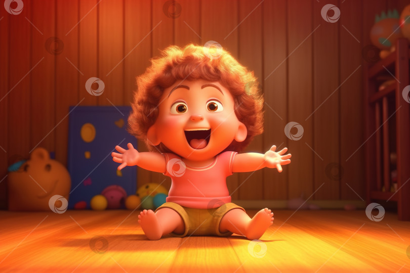 Скачать Забавный жизнерадостный малыш сидит на полу в детской комнате, кавказский радостный ребенок, раскинув руки в стороны. Объемная иллюстрация каракулями фотосток Ozero