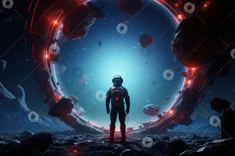 Скачать Космическая иллюстрация: астронавт в скафандре, стоящий на фоне галактики звезд и мистического портала фотосток Ozero